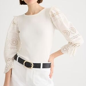 J.Crew Sz L Ruffle-Trim Eyelet Top in Vintage Rib Boho Beige Long Sleeve NWT